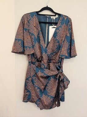 NWT Vixen Romper Teal & Brown Printed Wrap  Dress/Shorts In Satin Women's Size M